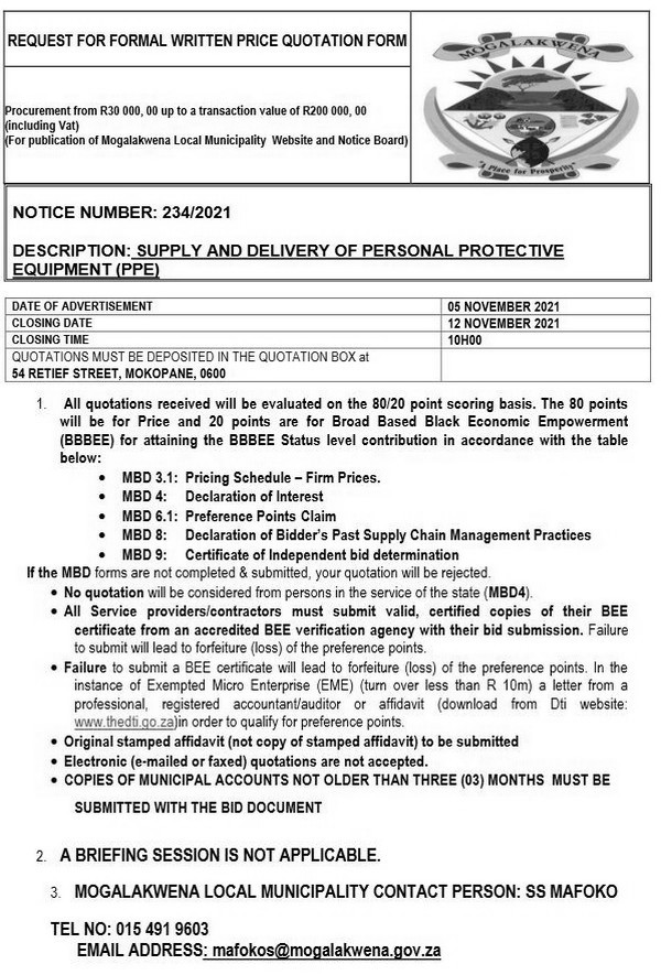 Supply & delivery of personal protective equipment