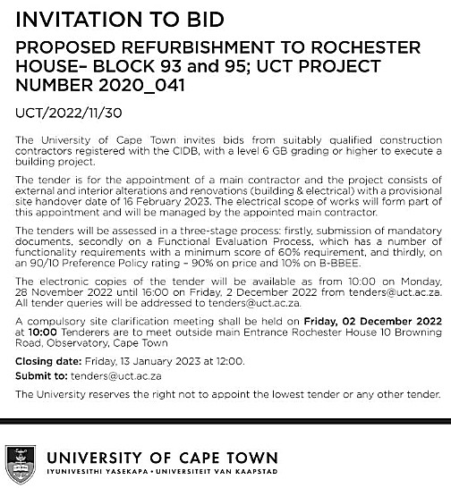 Contractor for refurbishment to Rochester House Block 93 & 95