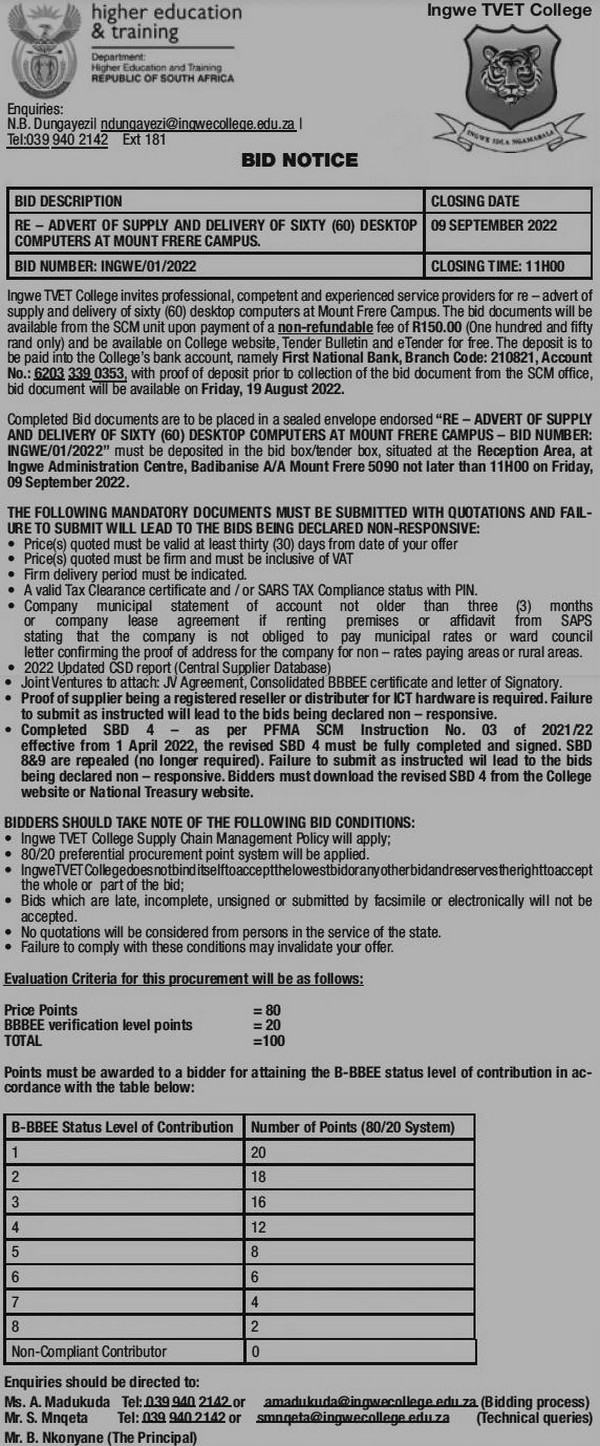 Supply & delivery of 60 desktop computers at Mount Frere campus