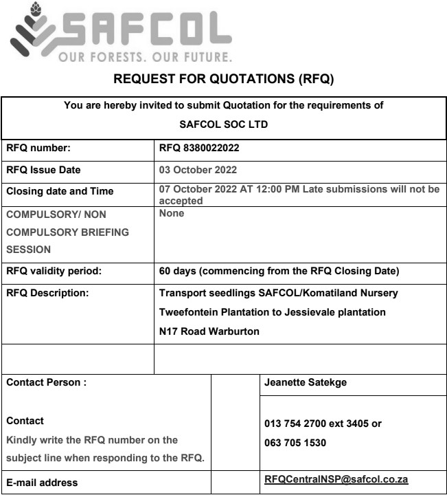 Transport seedlings Komatiland nursery Tweefontein plantation to